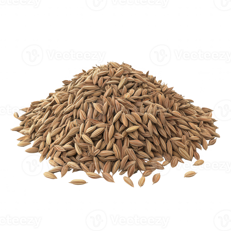A close-up view of a pile of aromatic cumin seeds on a white background. png