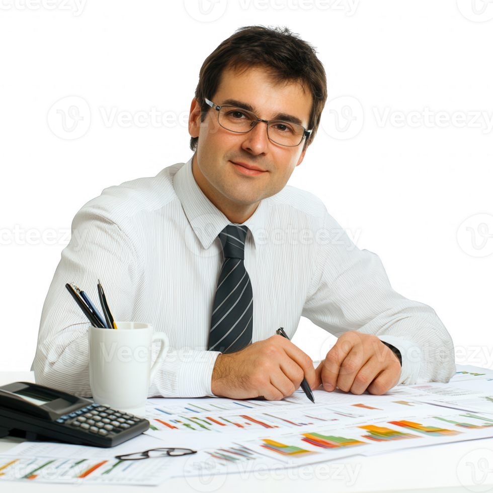 A focused businessman analyzing financial reports at his desk with tools. png