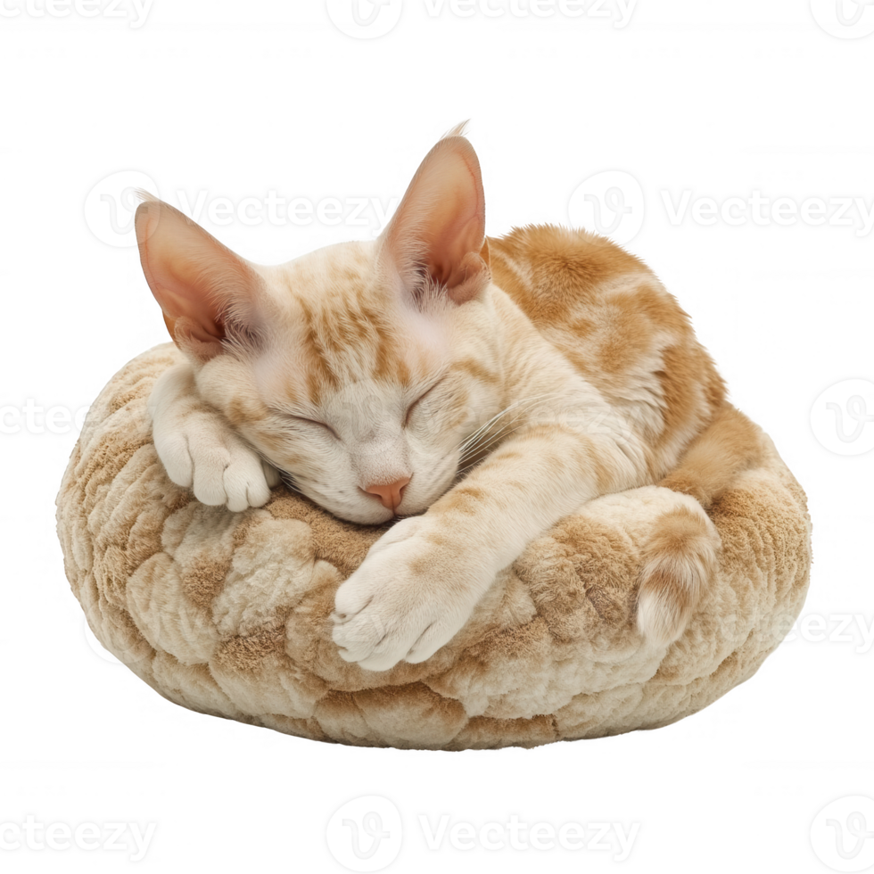 A sleepy cat curled up in a cozy round bed, showcasing peaceful feline relaxation. png