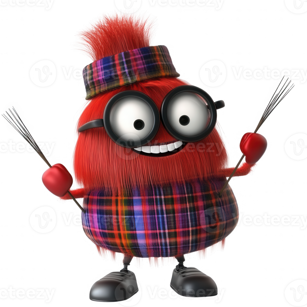 A cheerful cartoon character in a tartan outfit, celebrating with joy and enthusiasm. png