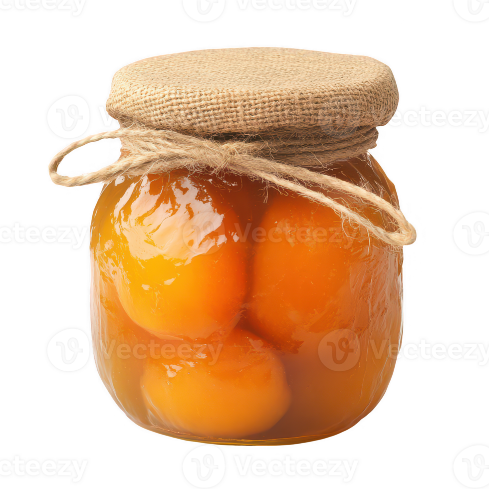 A glass jar filled with delicious, preserved peaches in syrup. png