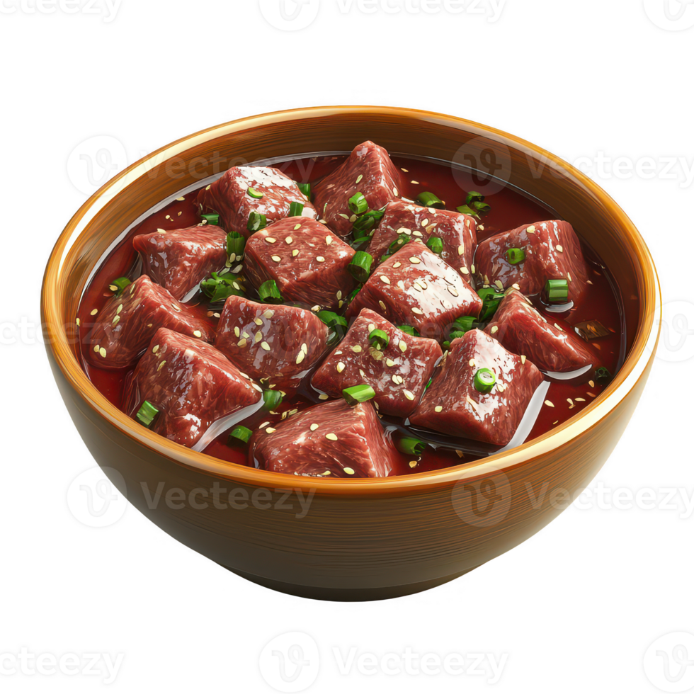 A delicious bowl of beef stew garnished with green onions and sesame seeds. png