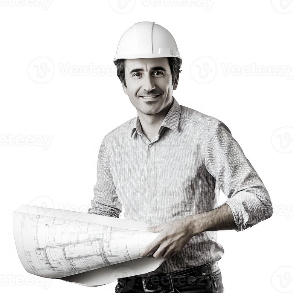 A confident architect holding blueprints with a hard hat, ready for construction. png