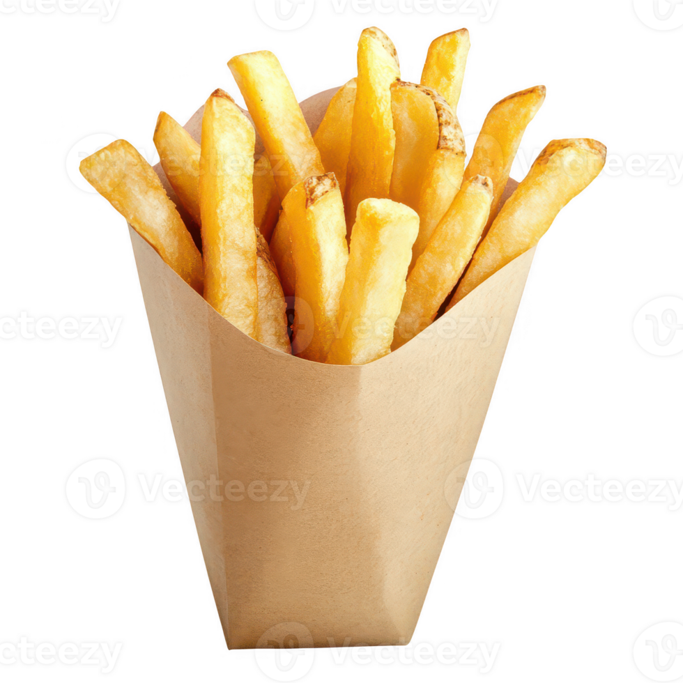 A delicious serving of golden, crispy French fries in a paper container. png