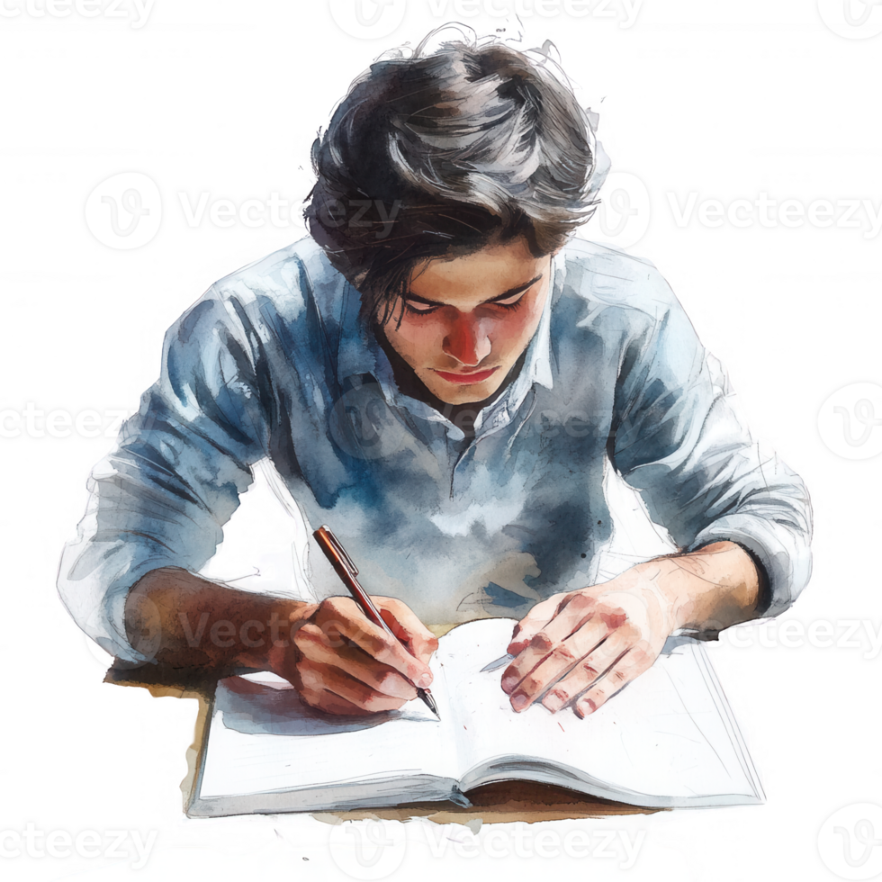 A young man focused on writing in a notebook with great concentration. png
