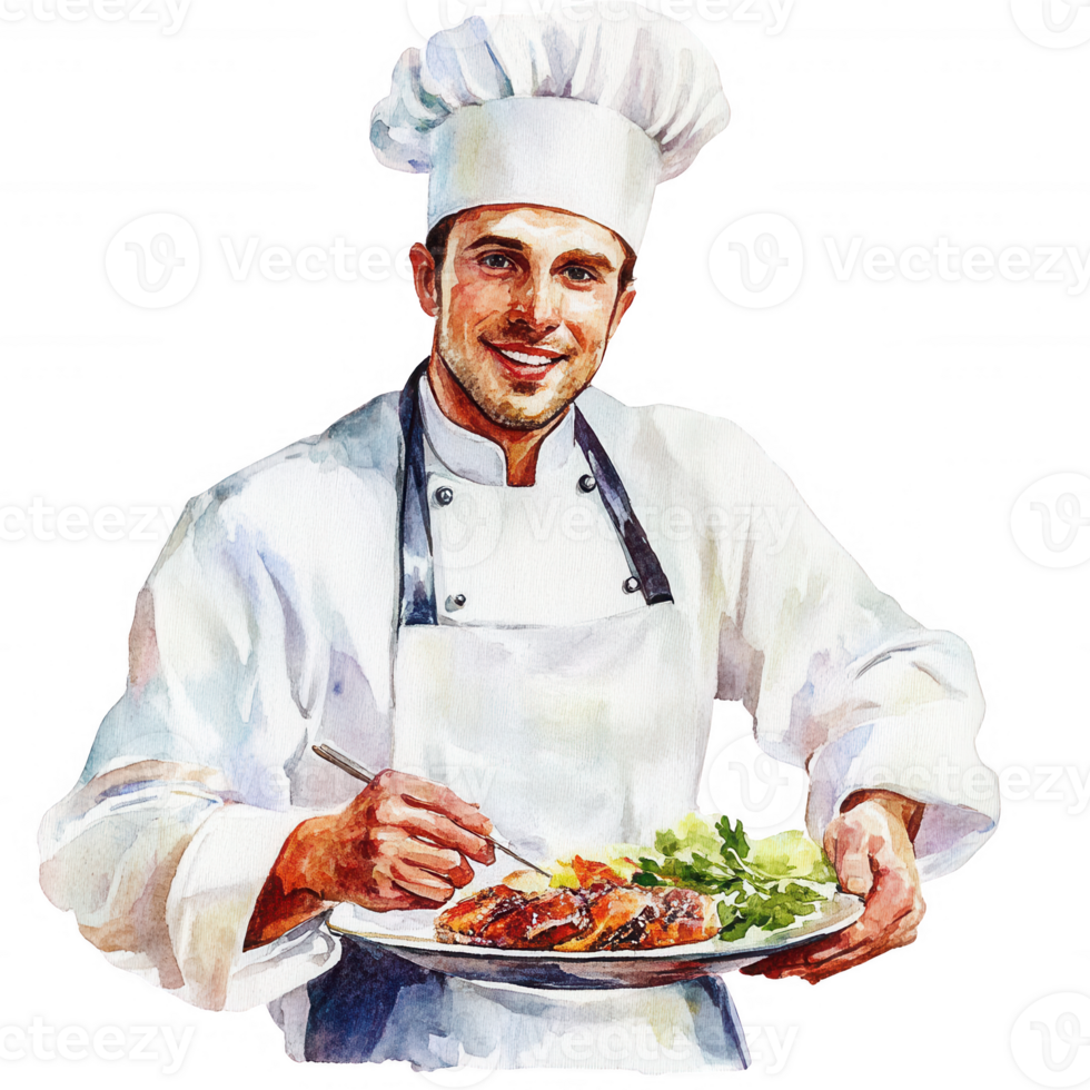 A cheerful chef presenting a delicious plate of gourmet food with fresh vegetables. png