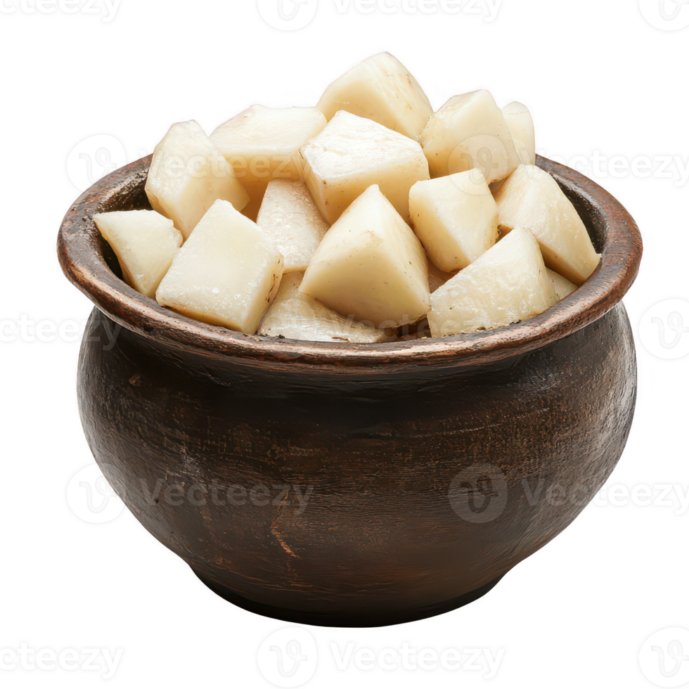 A rustic clay pot filled with chunks of fresh cheese, adding charm to any kitchen. png
