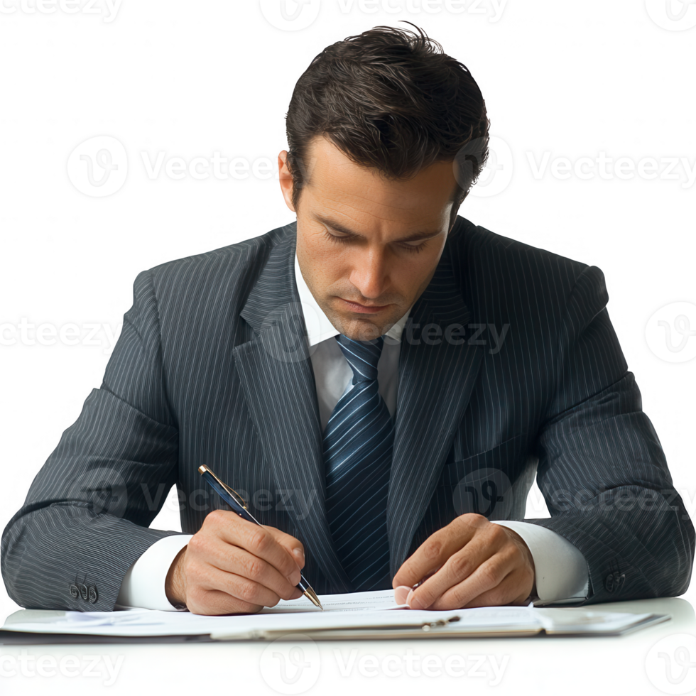 A focused businessman writing notes at a desk, showcasing professionalism and dedication. png