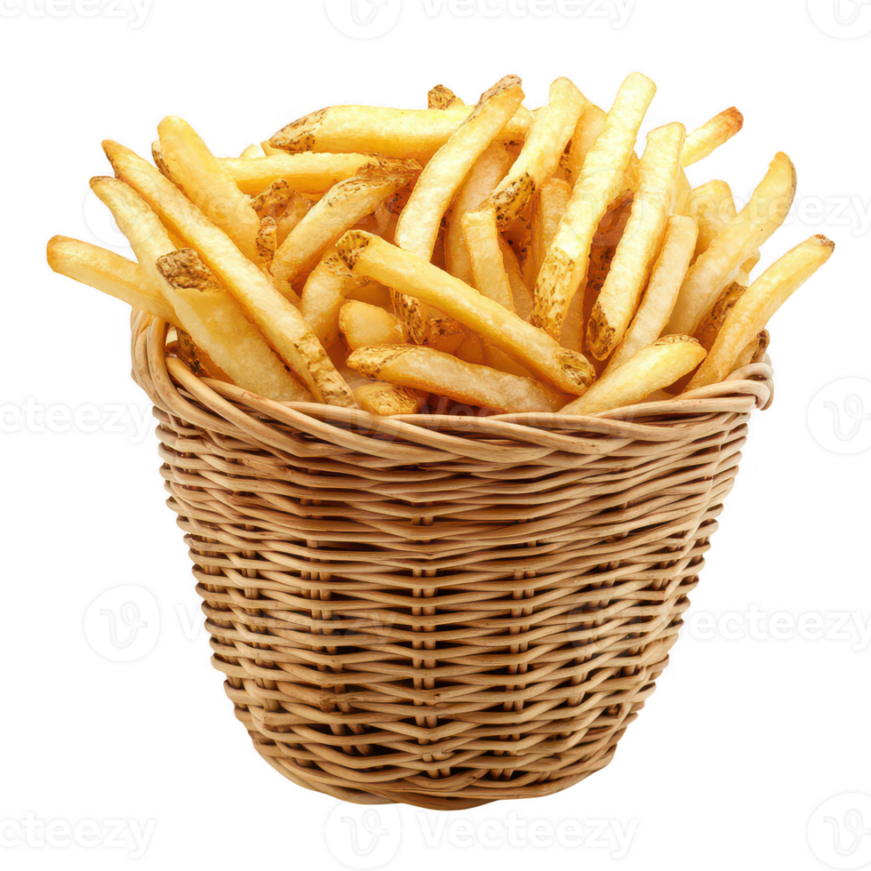 A delicious basket of crispy golden French fries ready to be enjoyed. png