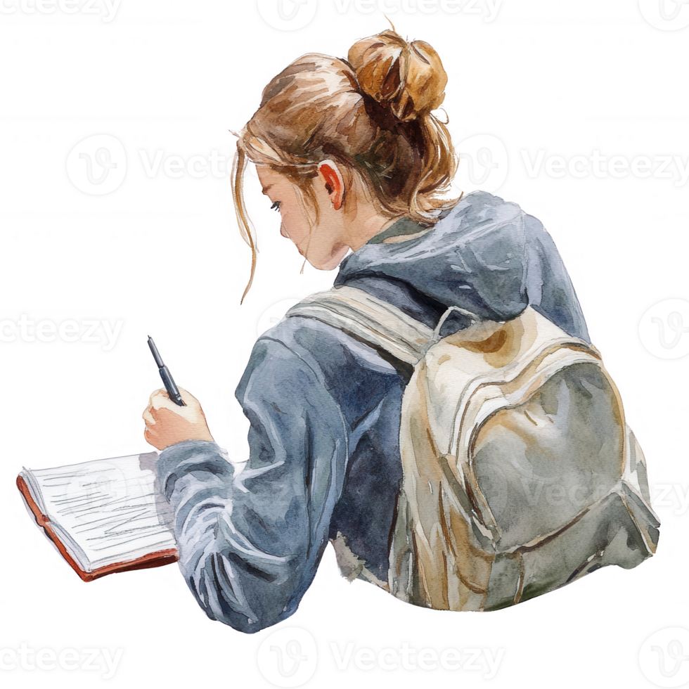 A student writes in her notebook, focused and immersed in her studies, backpack nearby. png