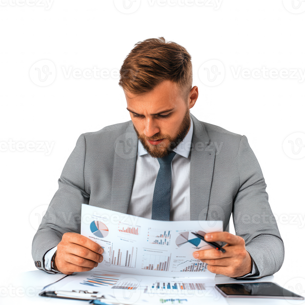 A focused businessman analyzing data charts and reports in a modern office environment. png