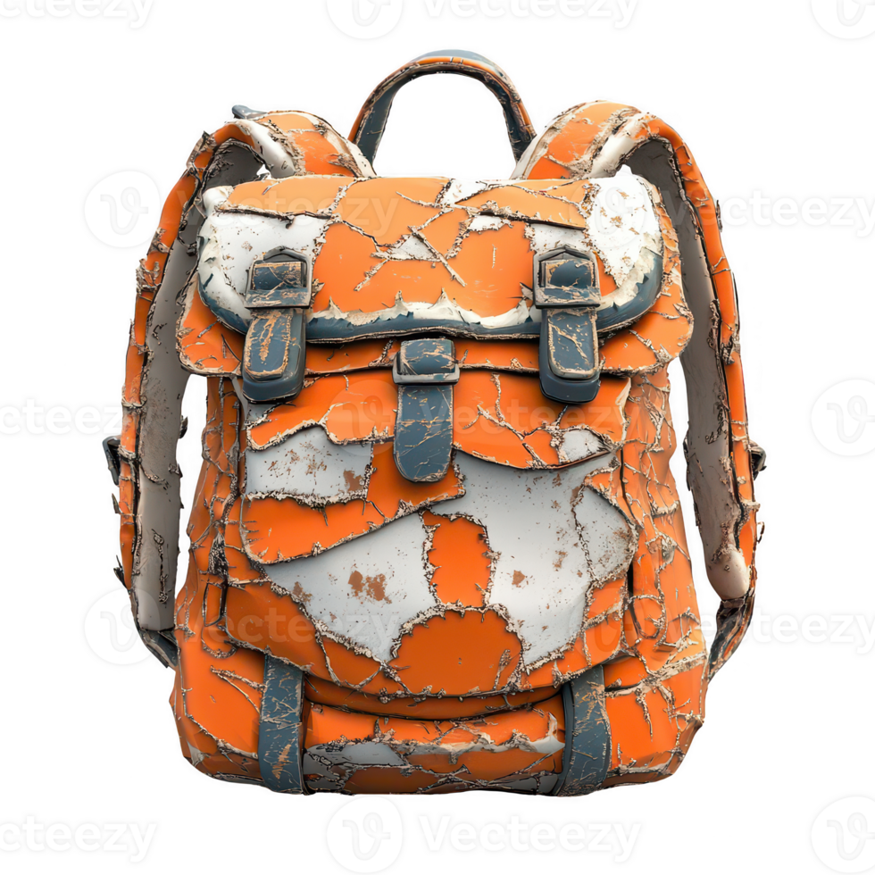 A worn orange backpack with a unique, distressed design showcasing its character. png