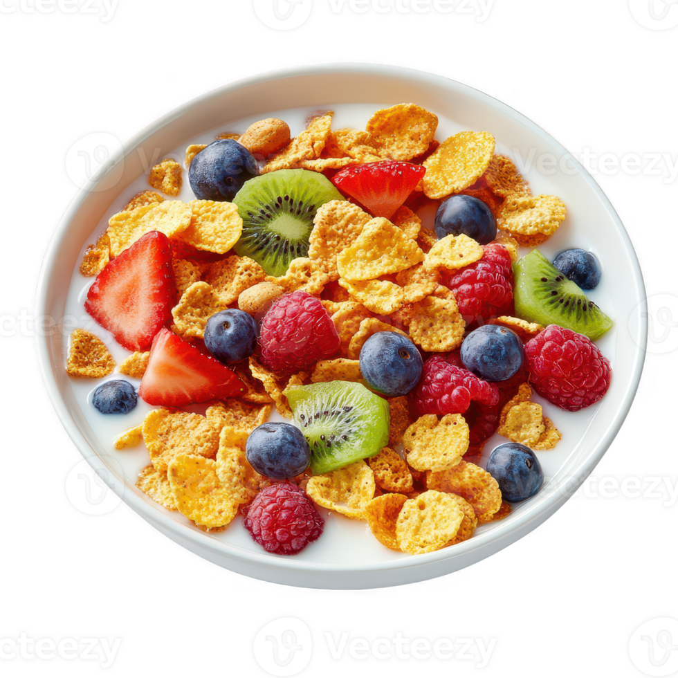 A colorful bowl of cereal topped with fresh fruits like strawberries and blueberries. png