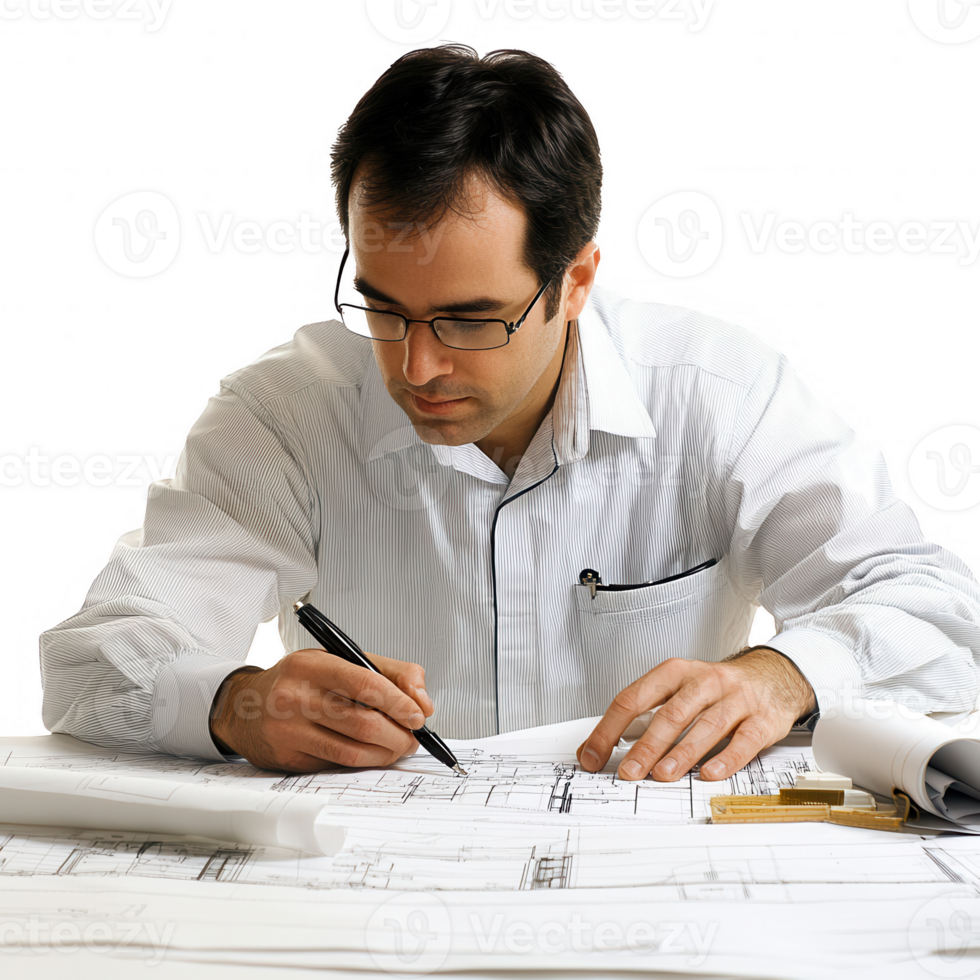 An architect designs and reviews blueprints in a modern office setting. png