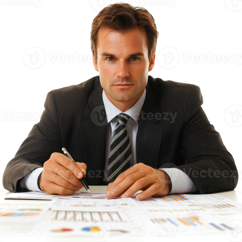 A professional man analyzing financial charts and reports at his desk. png