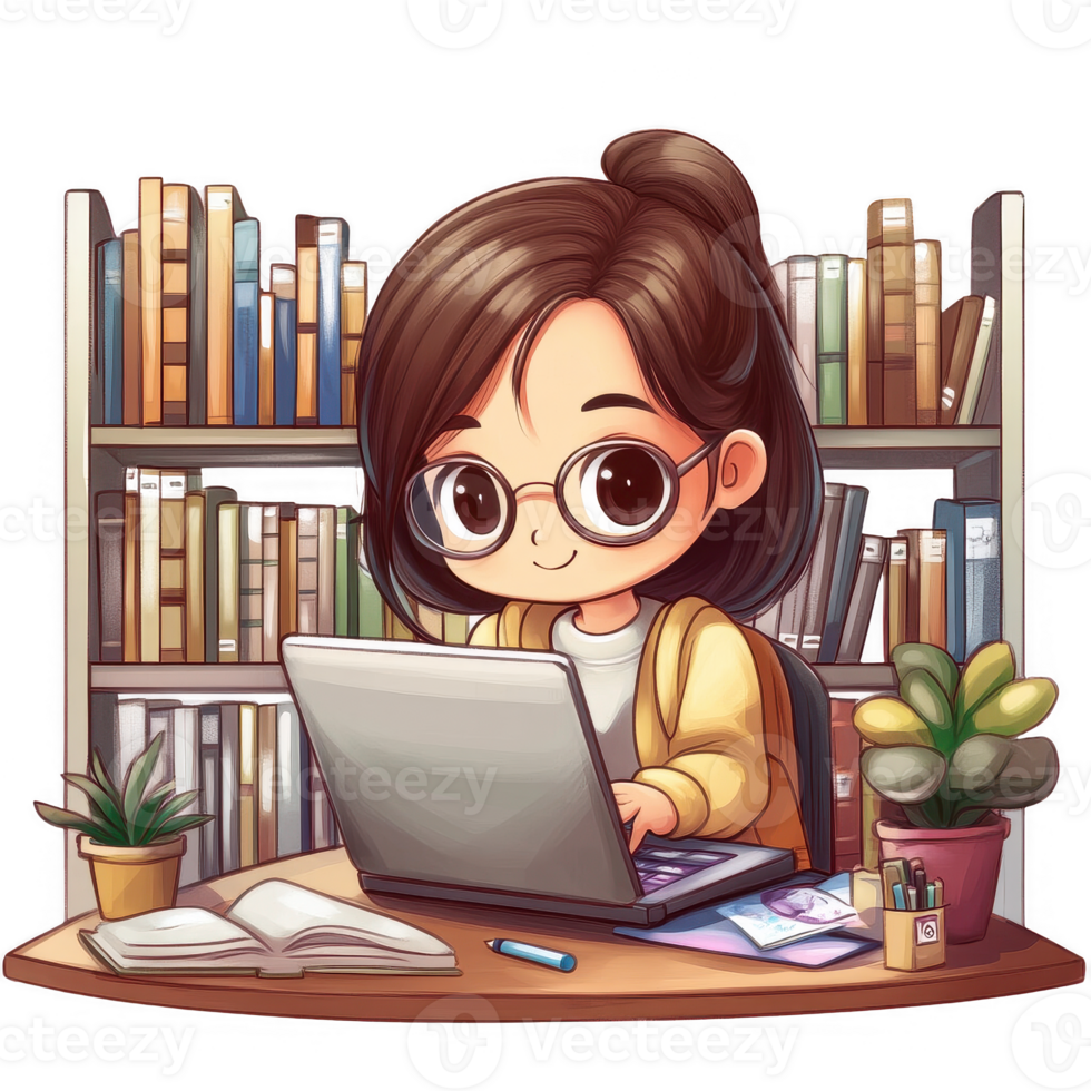 A cute character studies in a cozy library surrounded by books and plants. png