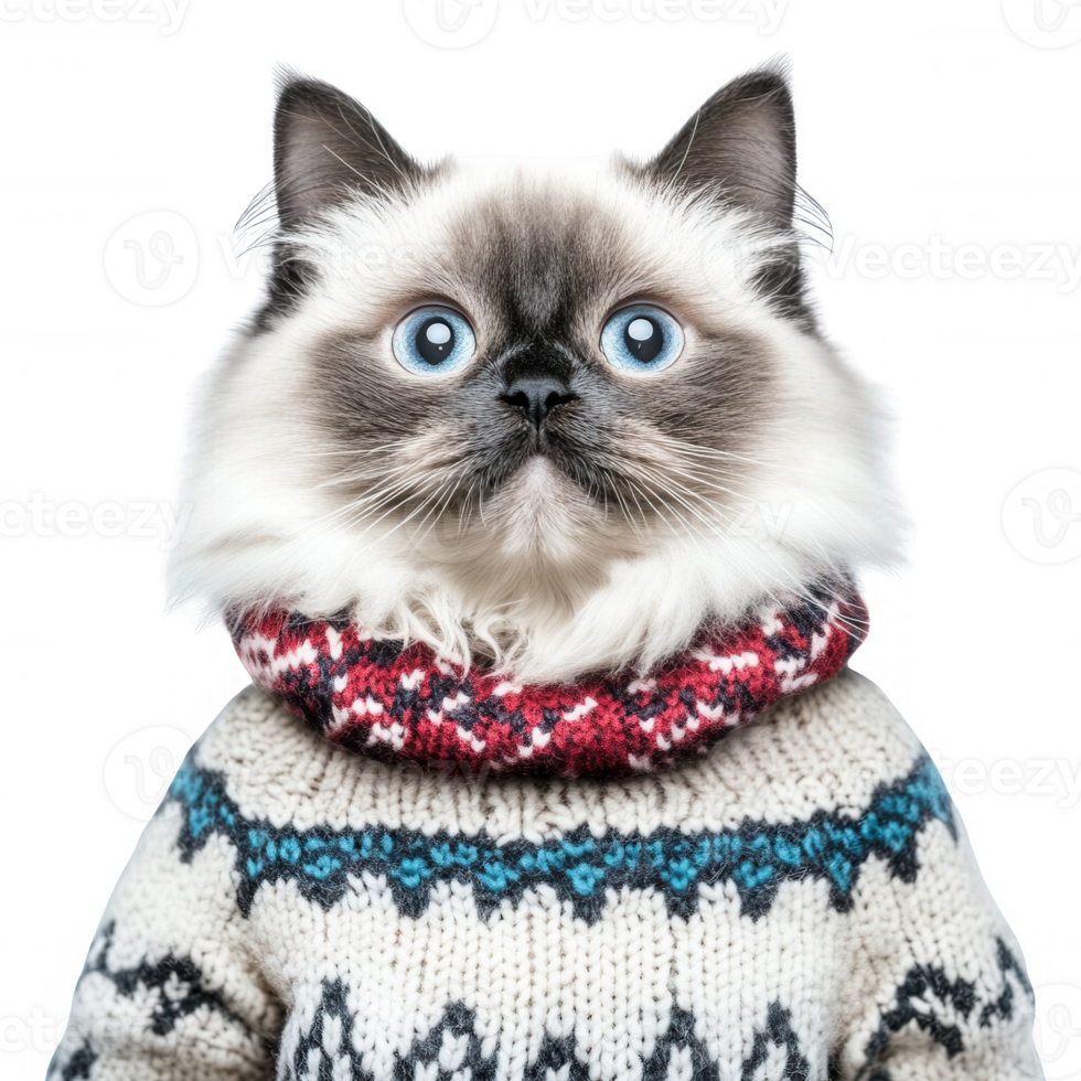 A stylish cat wearing a cozy sweater, showcasing its adorable features and personality. png