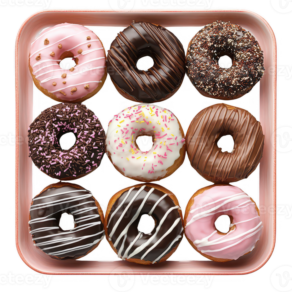 A colorful assortment of delicious donuts arranged in a pleasing pattern. png