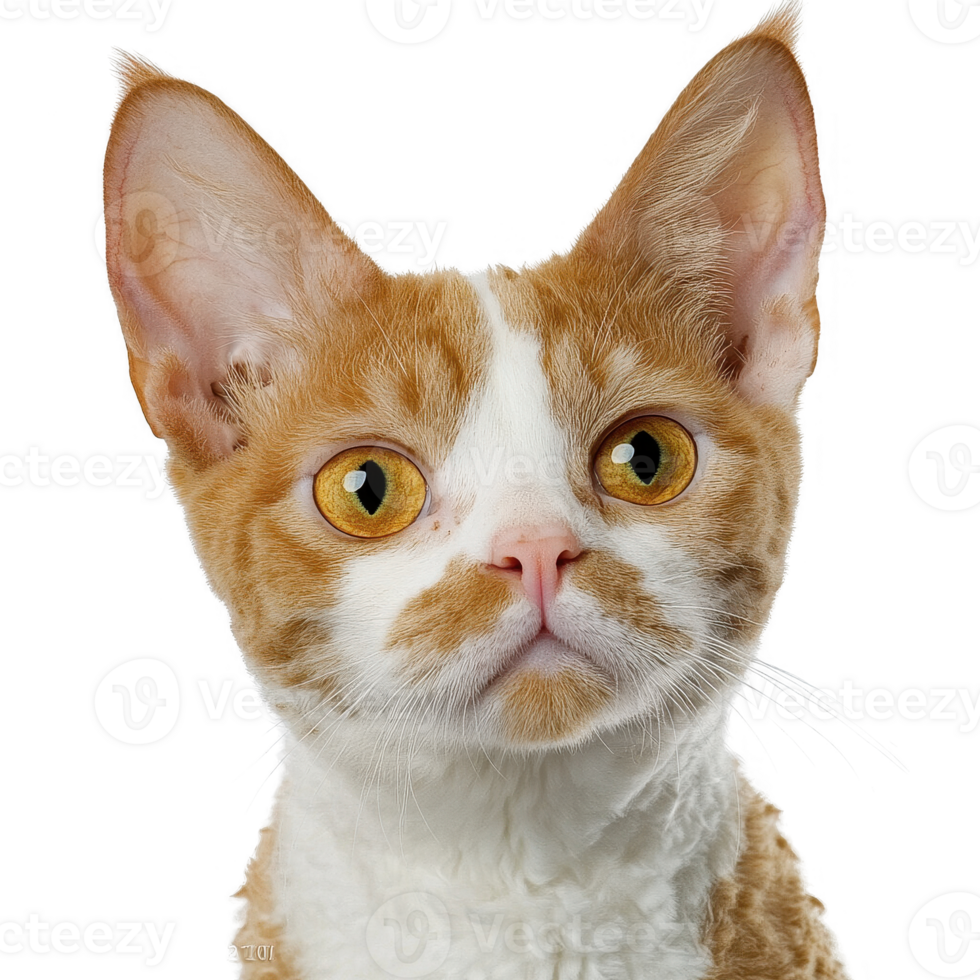 Close-up portrait of a curious orange and white cat with expressive eyes. png
