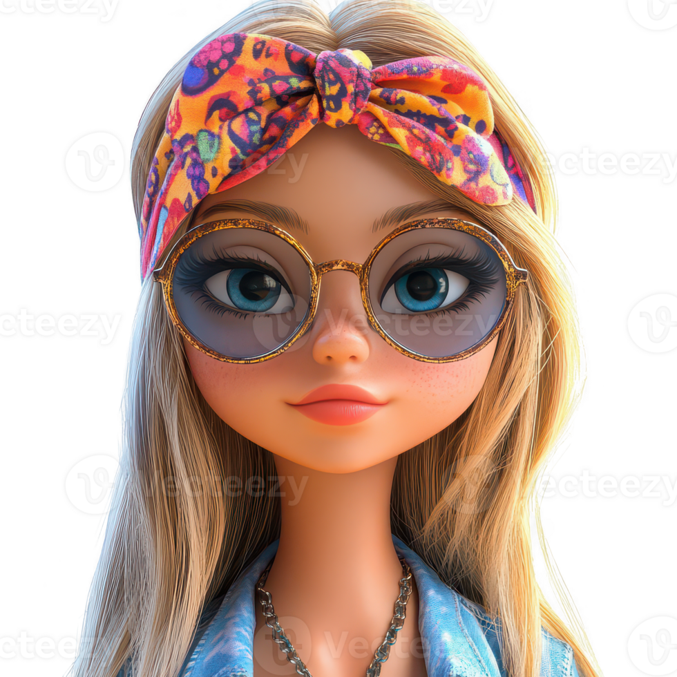 A stylish young woman sporting trendy glasses and a colorful headband, exuding confidence. png