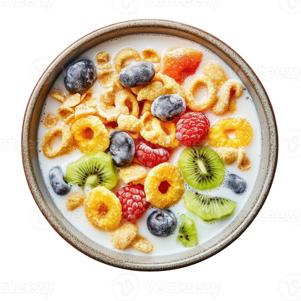 A vibrant bowl of cereal topped with colorful fresh fruits and creamy milk. png