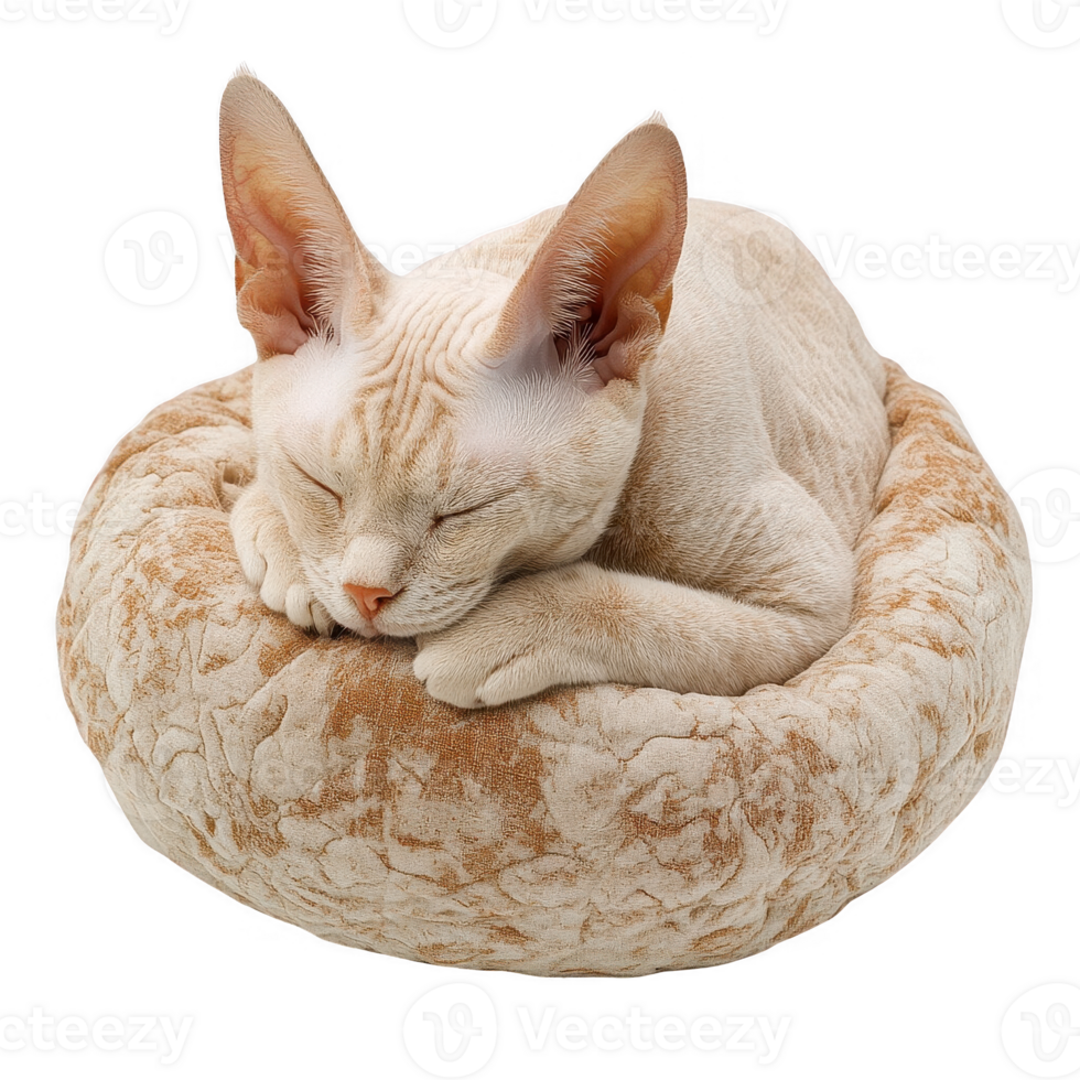 A serene cream-colored cat peacefully sleeping in a cozy round bed. png