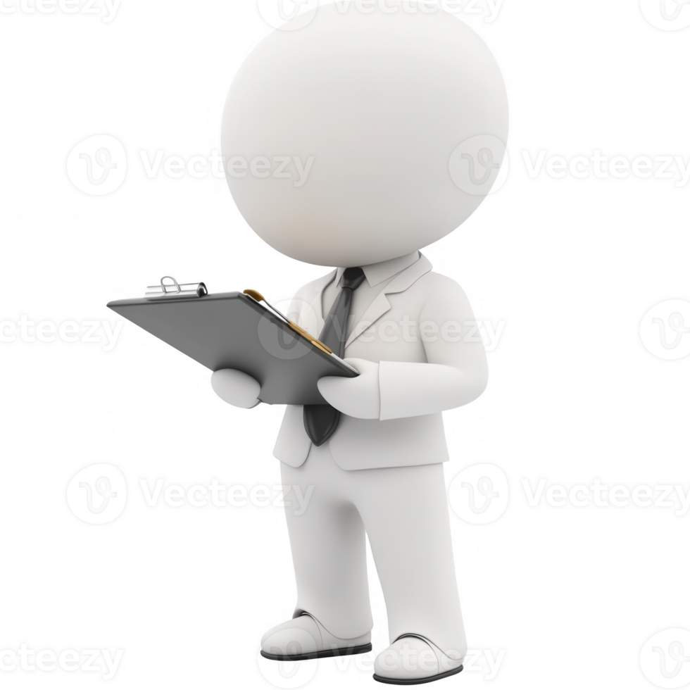 A 3D character in a suit holding a clipboard in a professional setting. png