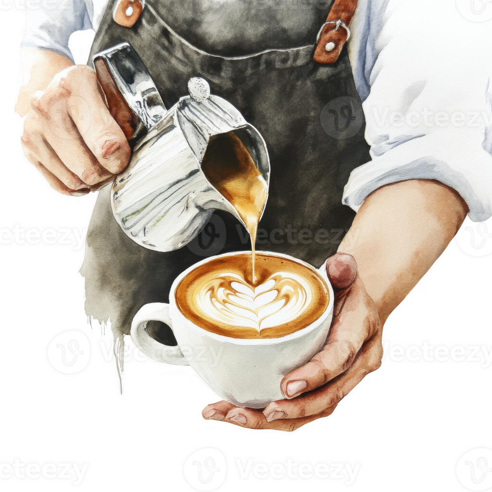 A barista skillfully pouring latte art into a cozy coffee cup. png