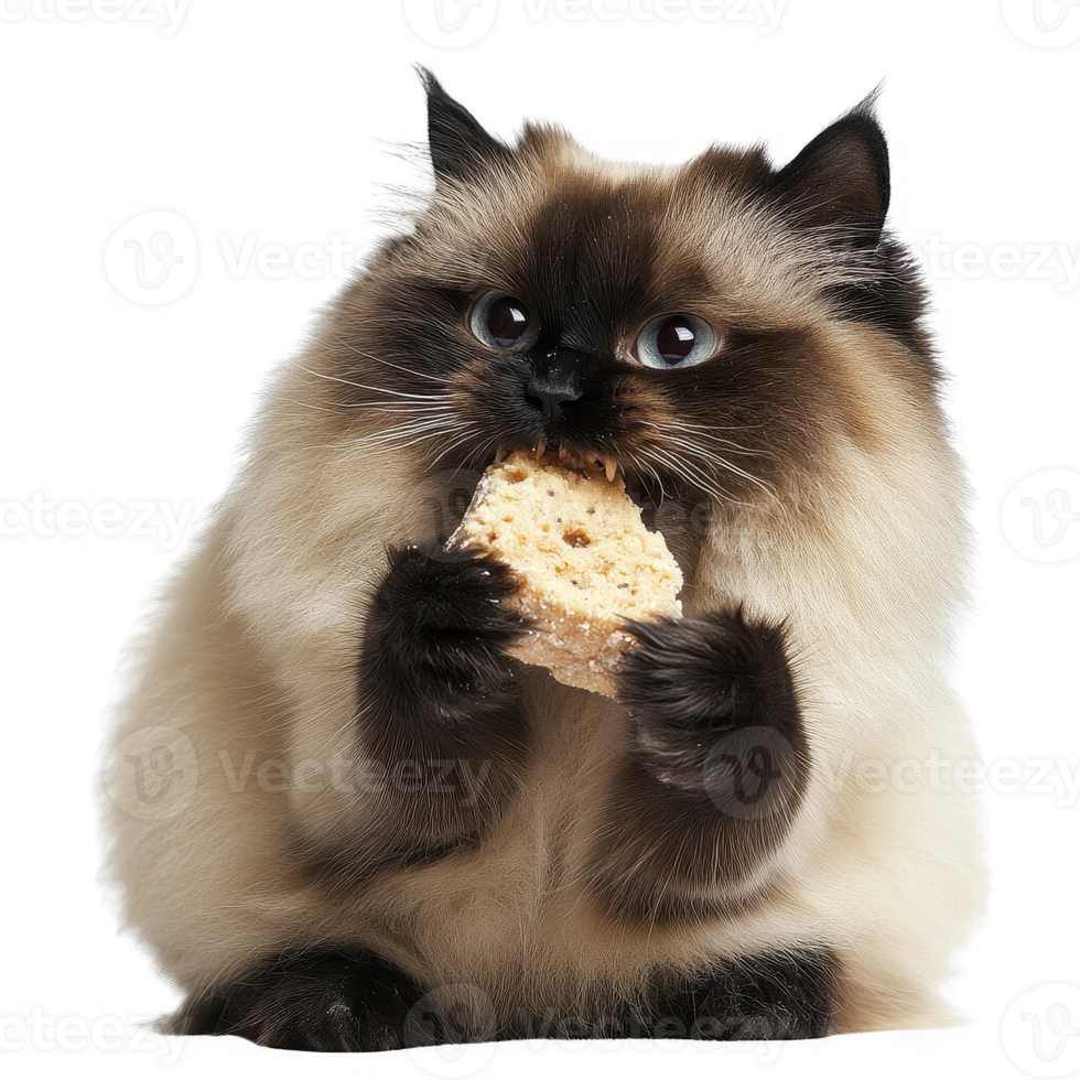 A fluffy cat enjoying a delicious snack, showcasing its playful nature and curiosity. png