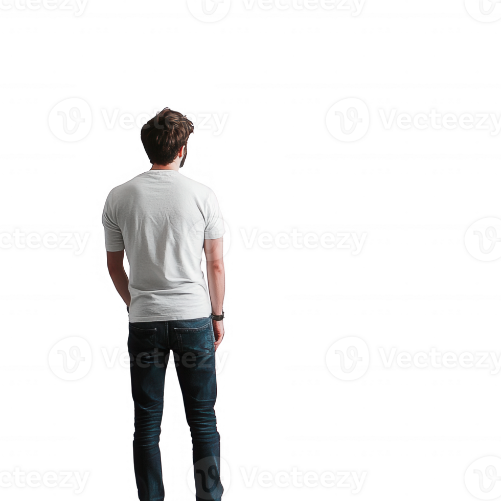 A person standing contemplatively with a blank wall in the background. png