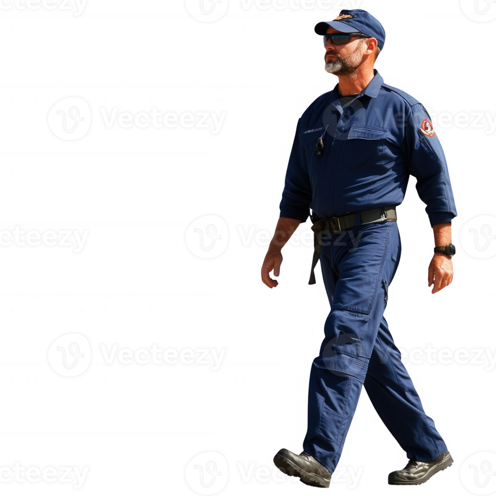 A confident man in uniform walks purposefully, embodying professionalism and duty. png