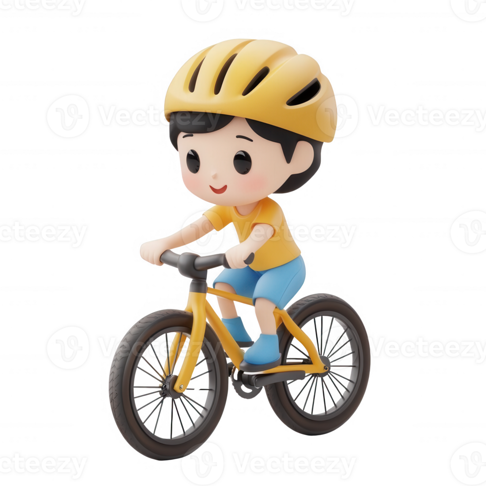 A cheerful child riding a yellow bicycle with a safety helmet on a sunny day. png