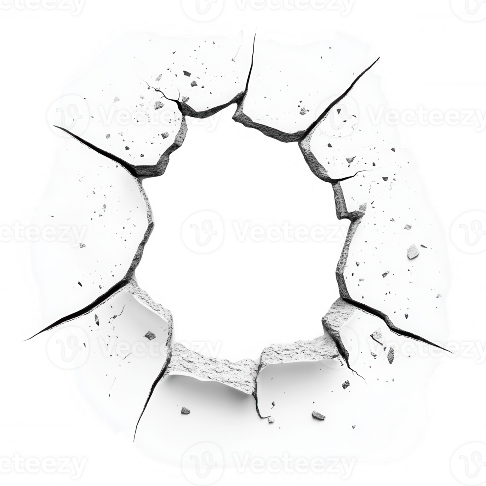 A broken wall with a circular hole, showcasing shattered concrete textures. png