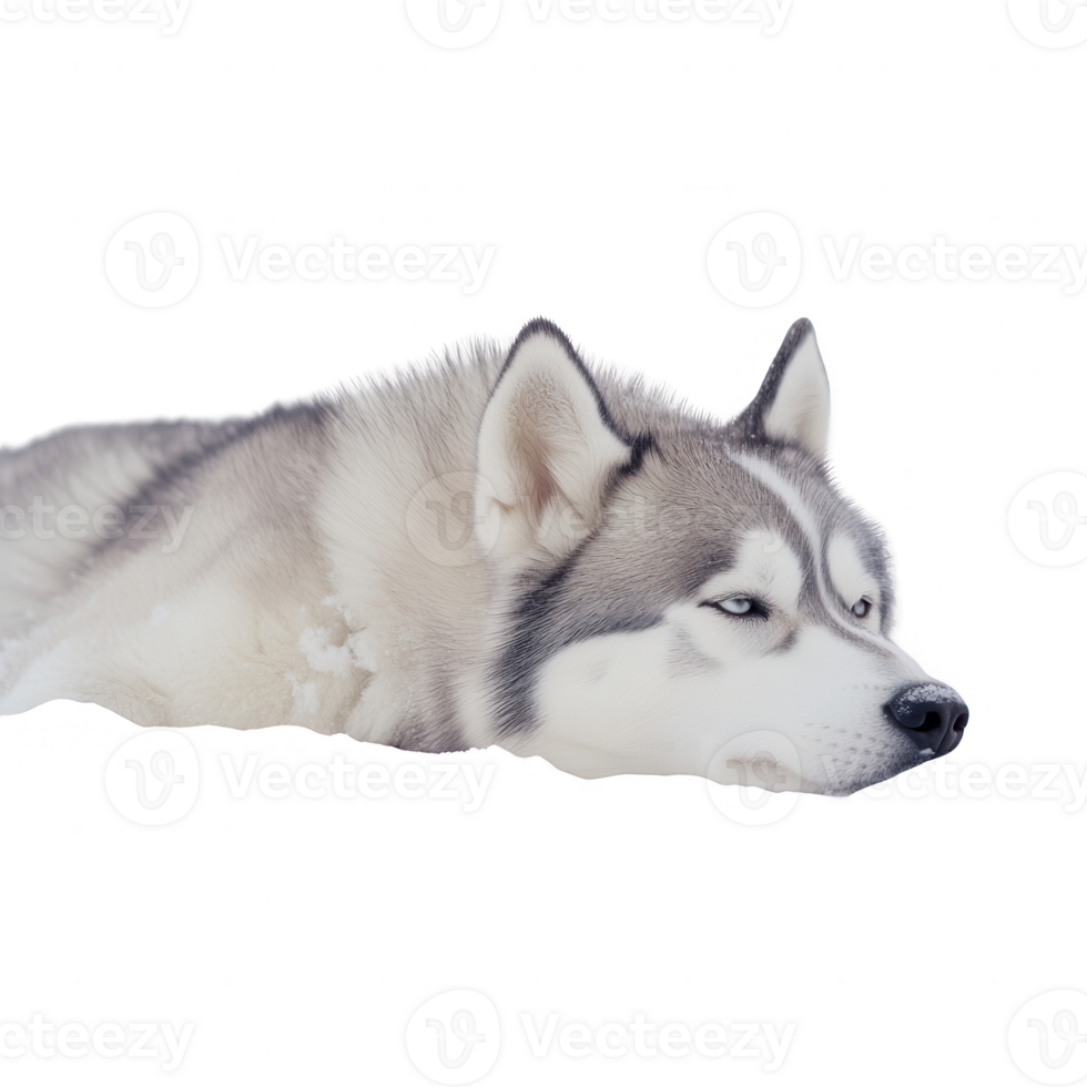 A serene husky lying peacefully on the ground, showcasing its beautiful fur. png