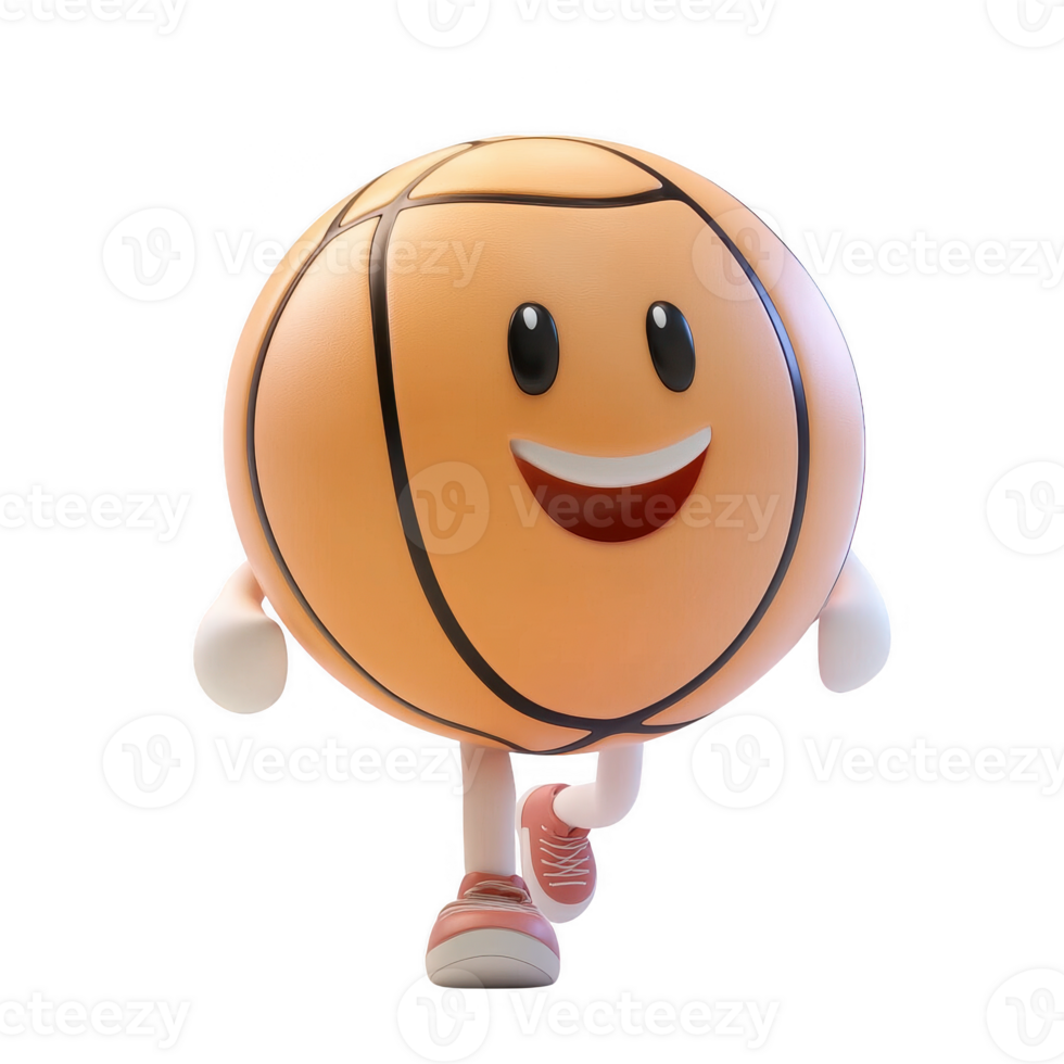 A cheerful animated basketball character running energetically with a friendly smile. png