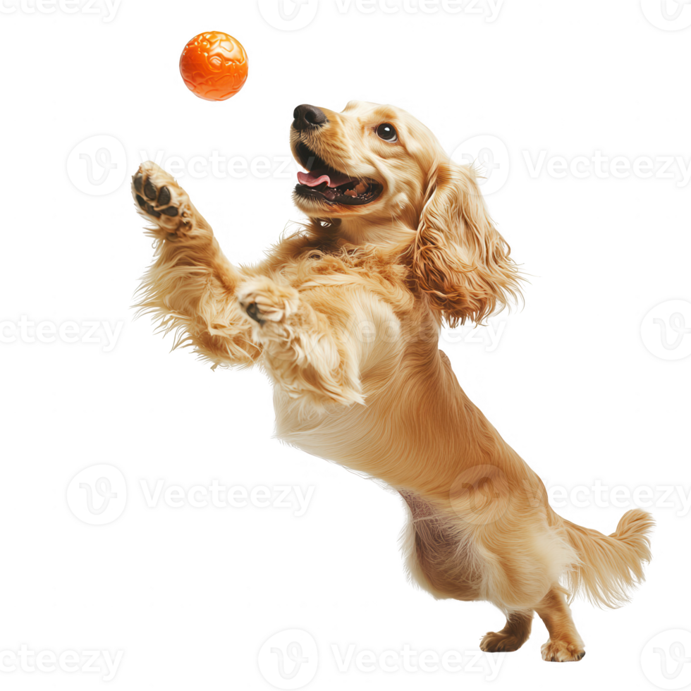 A playful dog leaps joyfully to catch a ball in a vibrant and cheerful setting. png