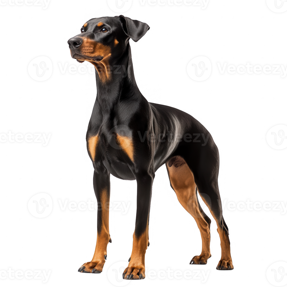 A majestic Doberman standing upright, showcasing its sleek fur and confident posture. png