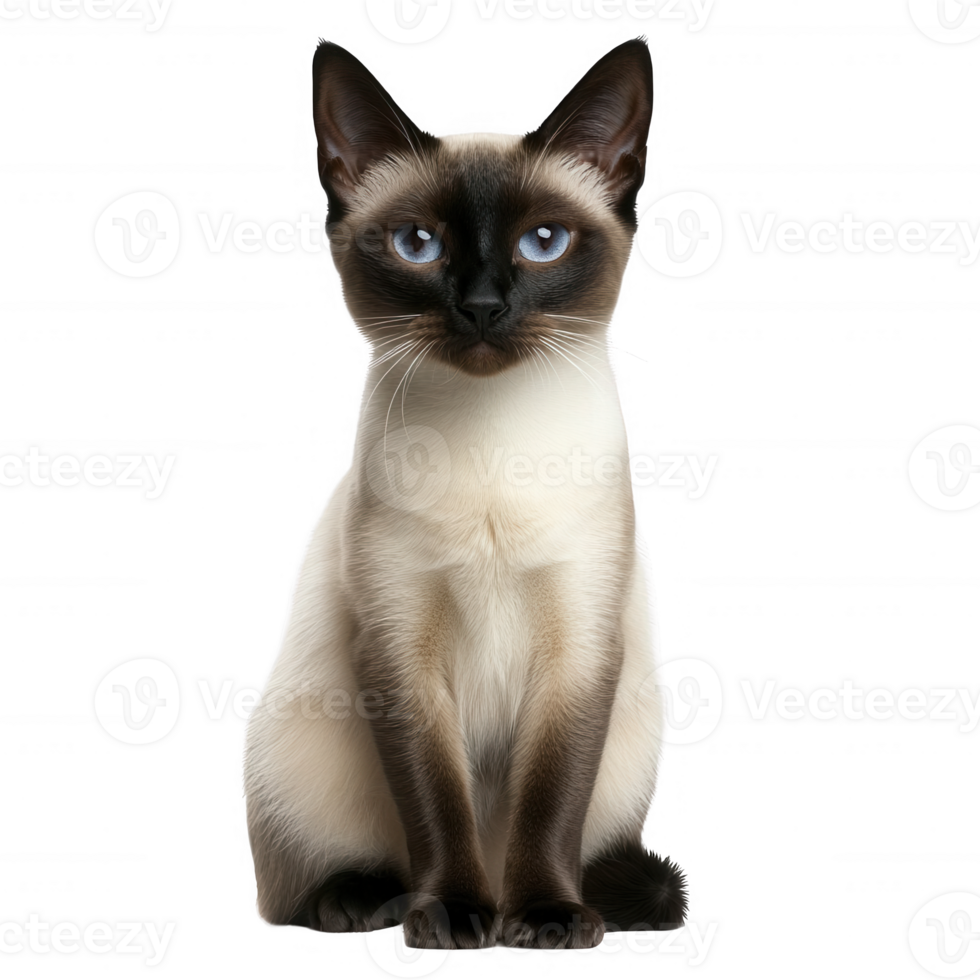 A cute Siamese cat with striking blue eyes, sitting gracefully and looking curiously. png