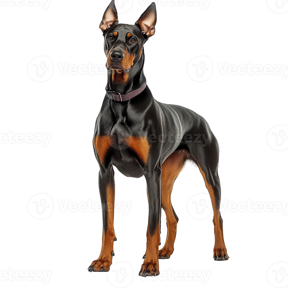 A majestic Doberman standing proudly, showcasing its sleek fur and keen expression. png