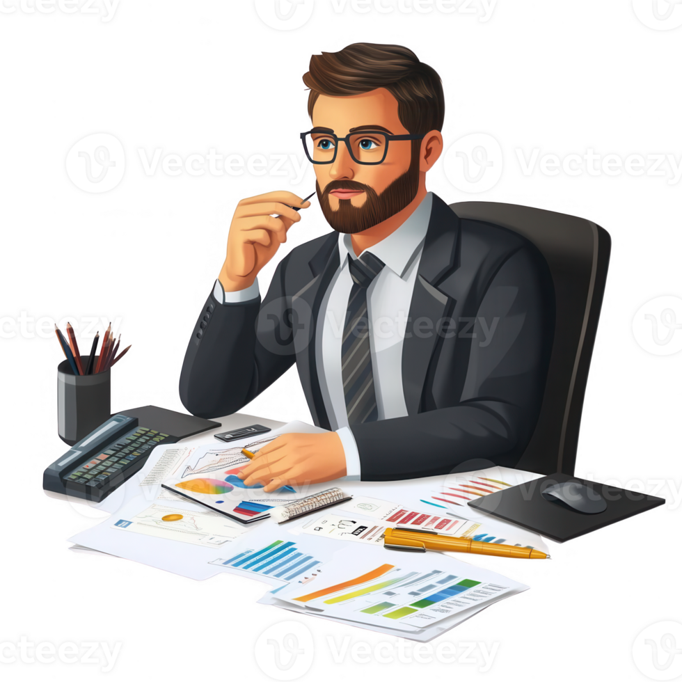 A businessman analyzing reports and charts while deep in thought. png