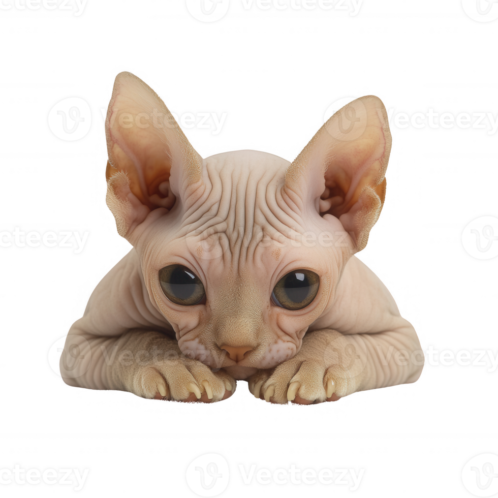 A close-up view of a curious Sphynx cat with large eyes and a unique expression. png