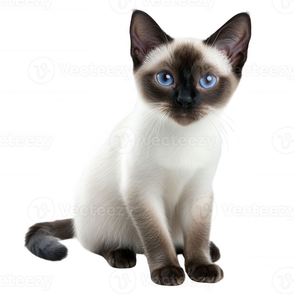 A playful Siamese cat with striking blue eyes, showcasing its distinct fur pattern. png