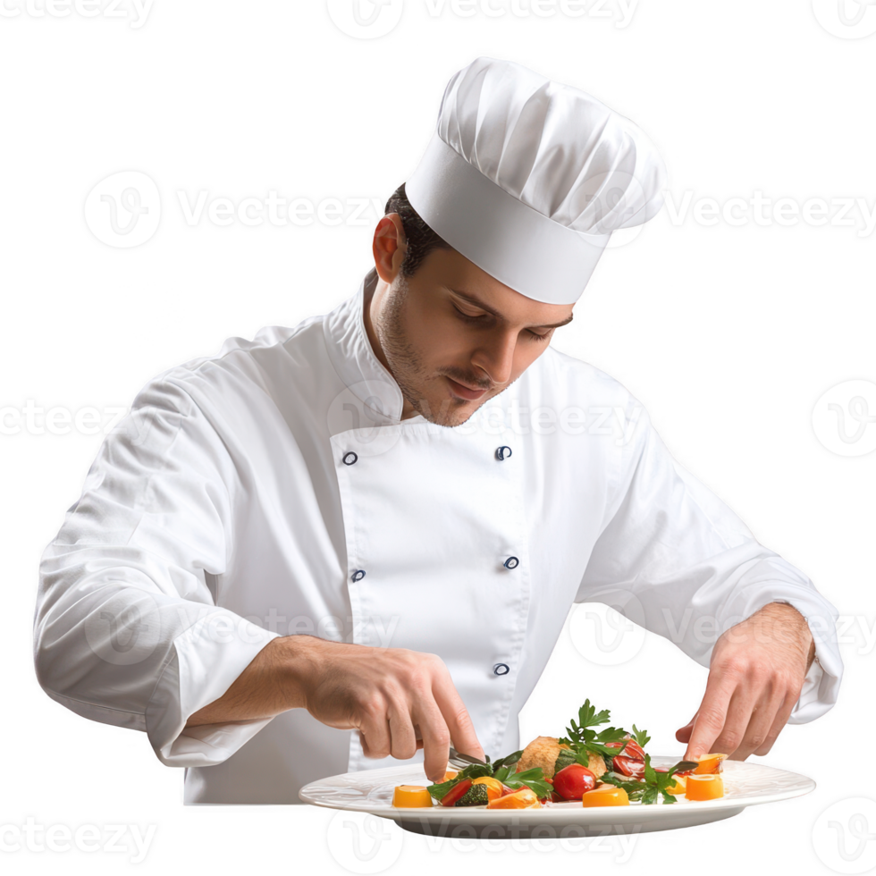 A professional chef artfully plating a gourmet dish with fresh ingredients. png