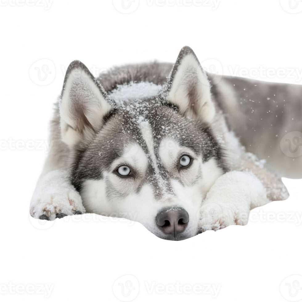 A beautiful husky resting peacefully in the snow, showcasing its stunning blue eyes. png