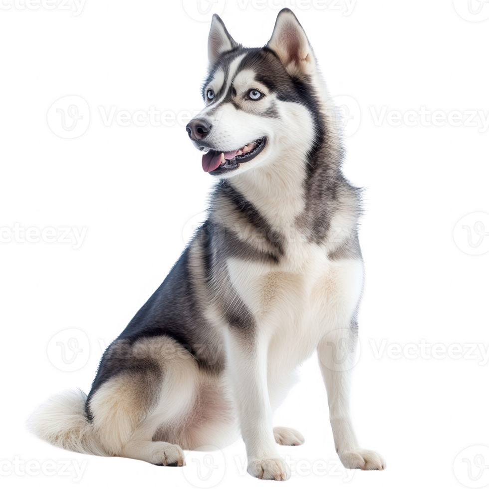 A charming husky dog with striking blue eyes and a fluffy coat, perfect for pet lovers. png