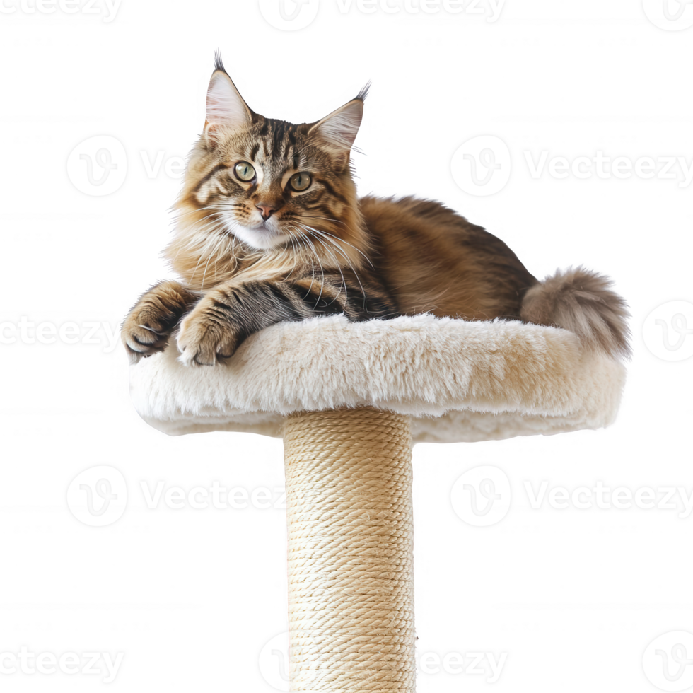 A fluffy cat relaxing on a cozy cat tree, enjoying its leisure time indoors. png