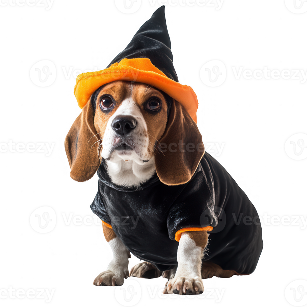 A cute beagle dog dressed in a witch costume for Halloween celebrations. png