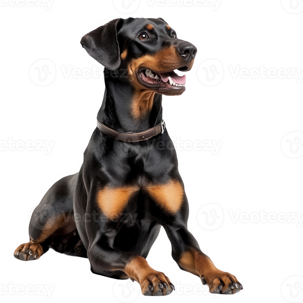 A friendly Doberman lying down with a cheerful expression, showcasing its glossy coat. png