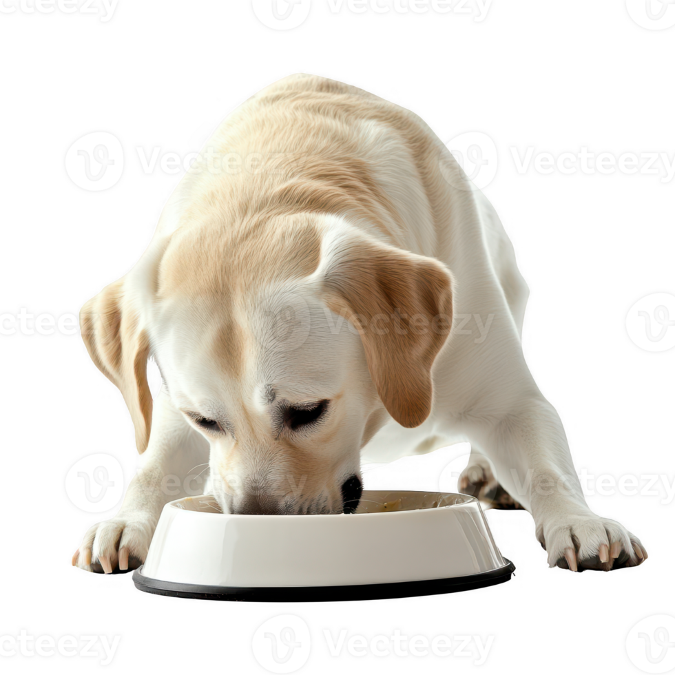 A Labrador retriever happily eating from its food bowl, showcasing its playful nature. png