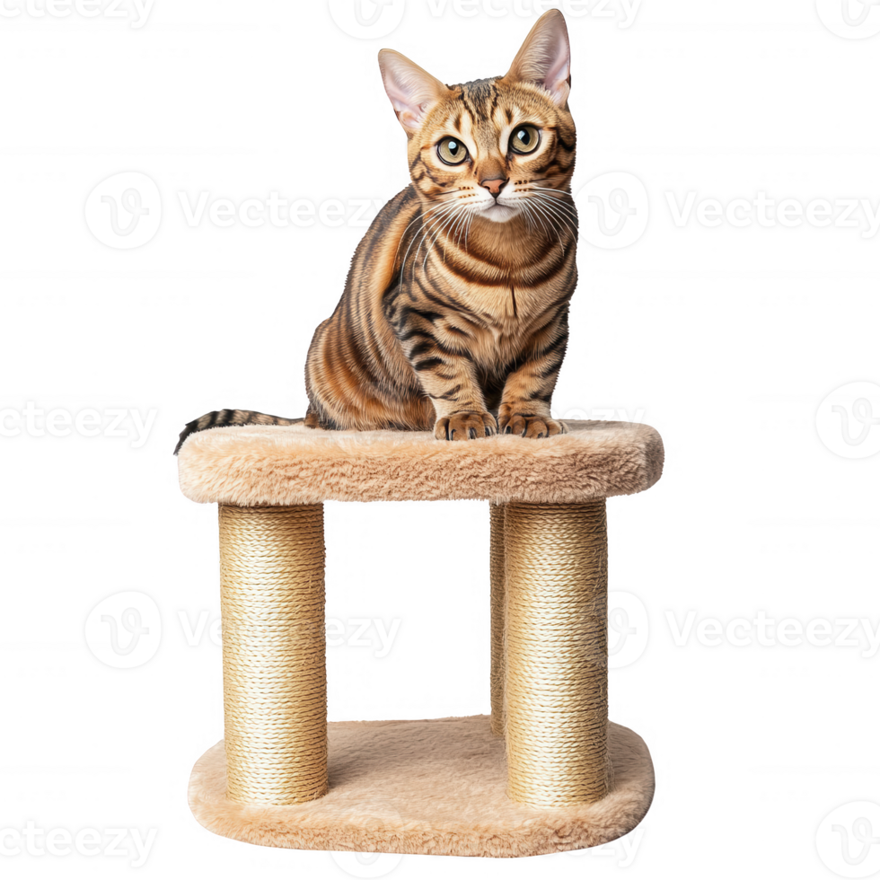 A playful cat sitting atop a cozy scratching post, exuding charm and curiosity. png